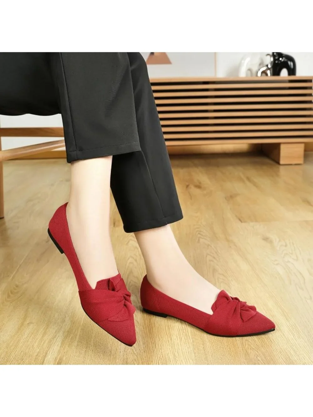 Women's Red Pointed Toe Ballet Flats with Bow Comfortable Knit Dressy Shoes